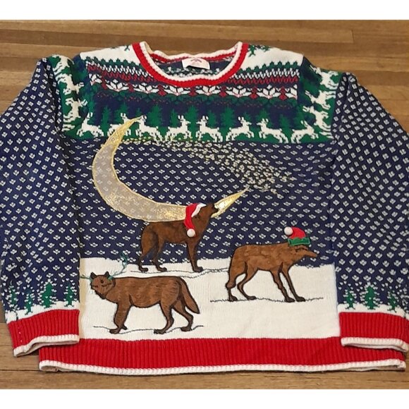 Mens Embroidered Howling Holiday Wolves 3D Gold Thread Moon Christmas XL Sweater - Picture 1 of 8